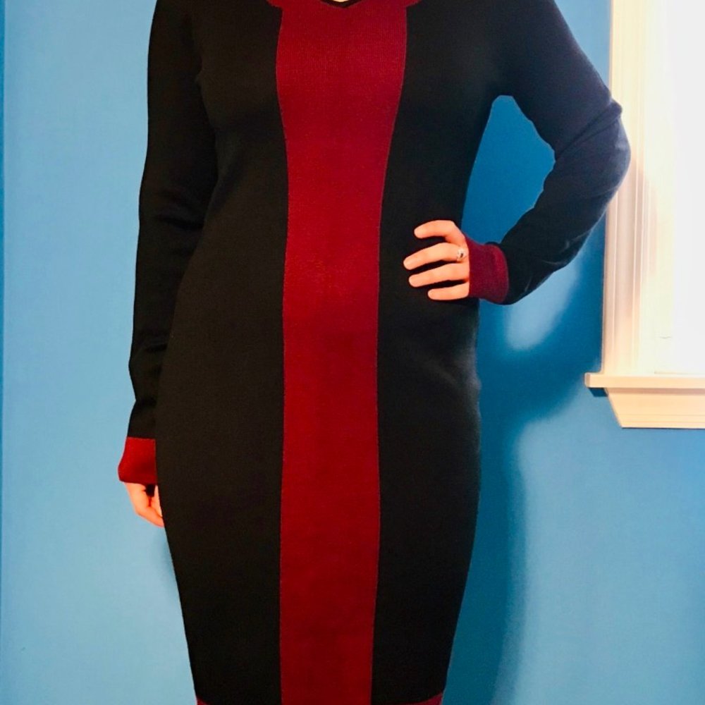 Max Studio Black and Maroon Long Sleeve Dress
